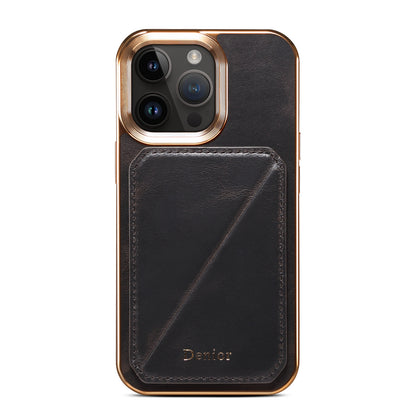 ELECTROPRIME For iPhone 15 Denior Oil Wax Leather Electroplating Card Slot Holder Phone Case(Black)