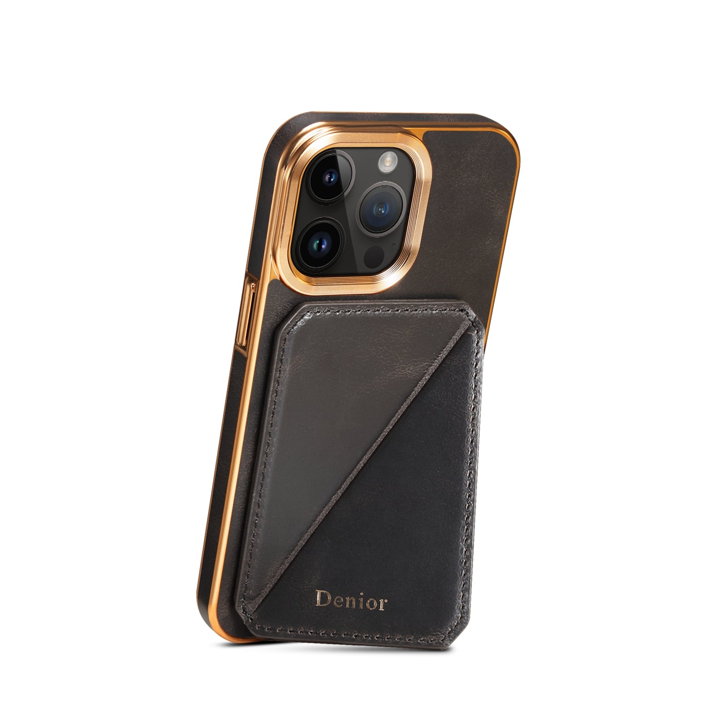 ELECTROPRIME For iPhone 15 Denior Oil Wax Leather Electroplating Card Slot Holder Phone Case(Black)