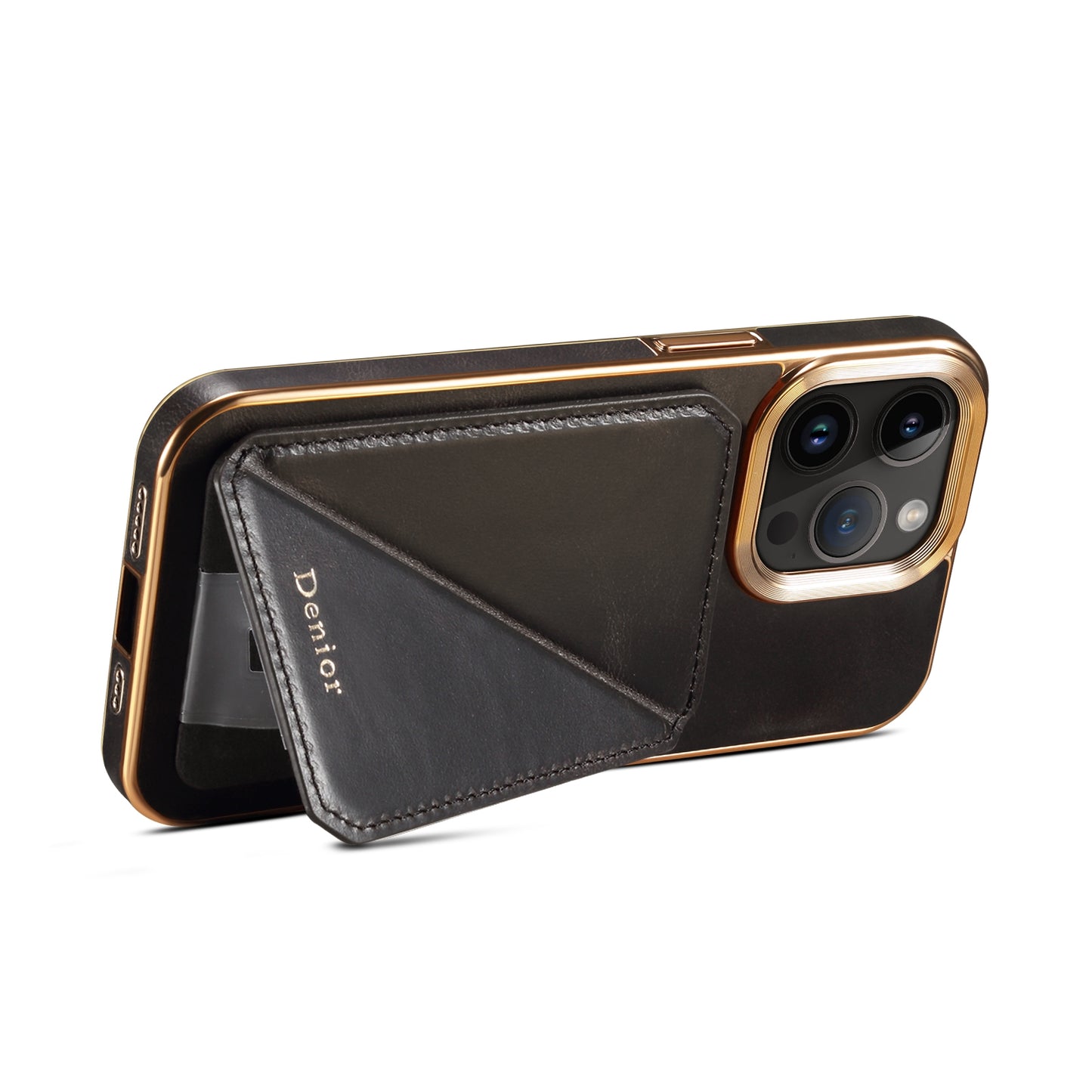 ELECTROPRIME For iPhone 15 Denior Oil Wax Leather Electroplating Card Slot Holder Phone Case(Black)