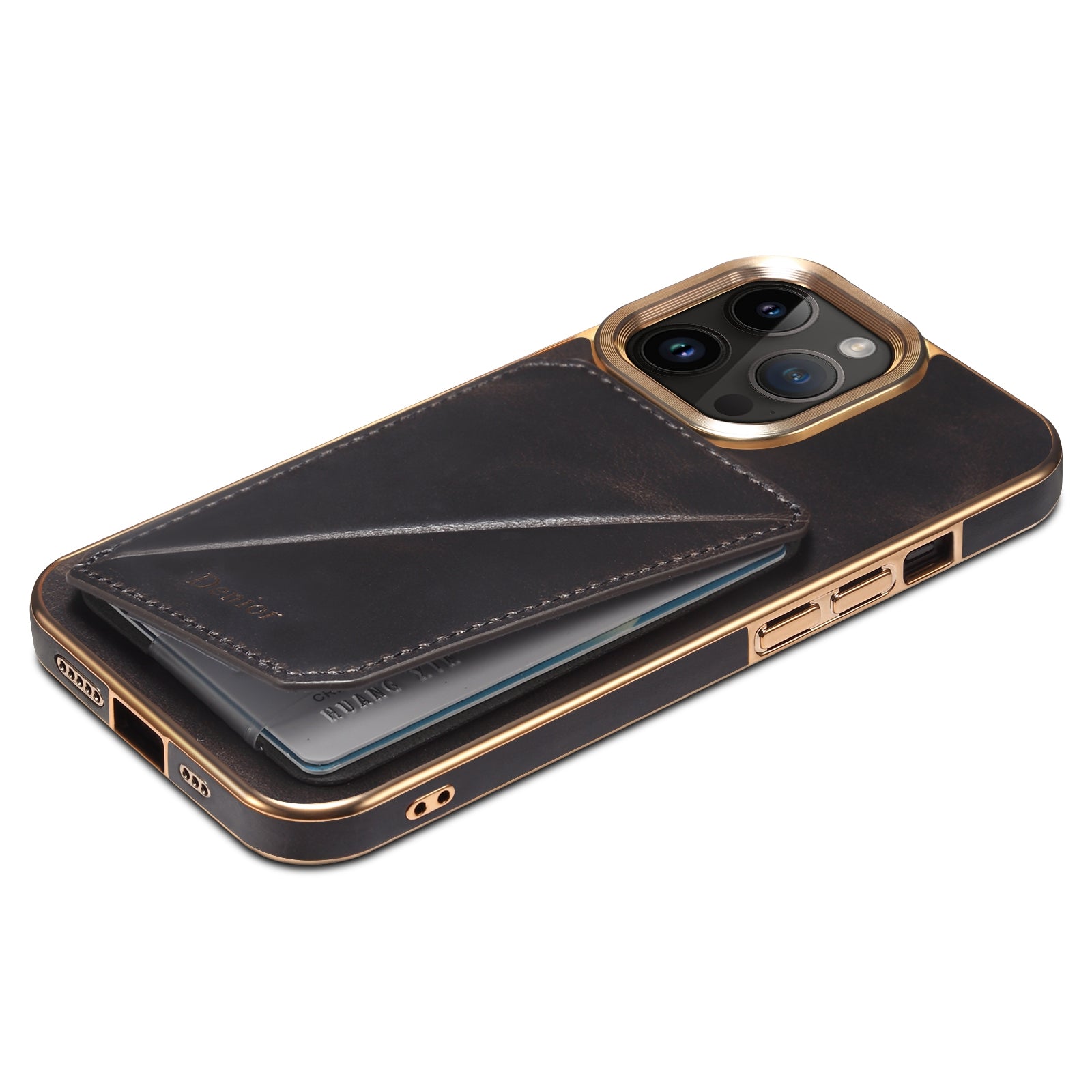 ELECTROPRIME For iPhone 15 Denior Oil Wax Leather Electroplating Card Slot Holder Phone Case(Black)