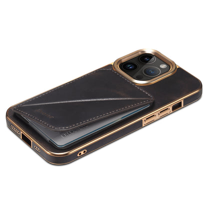 ELECTROPRIME For iPhone 15 Denior Oil Wax Leather Electroplating Card Slot Holder Phone Case(Black)