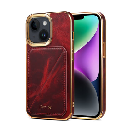 ELECTROPRIME For iPhone 15 Denior Oil Wax Leather Electroplating Card Slot Holder Phone Case(Red)