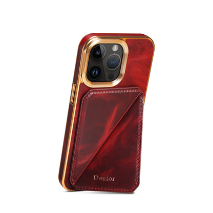 ELECTROPRIME For iPhone 15 Denior Oil Wax Leather Electroplating Card Slot Holder Phone Case(Red)