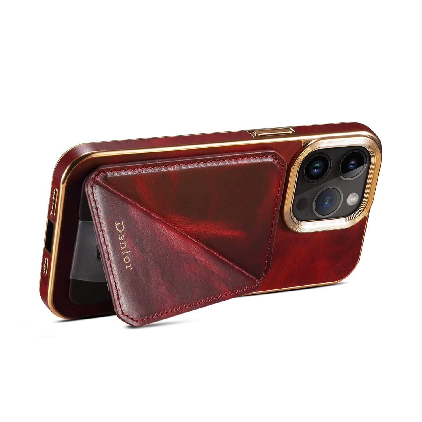 ELECTROPRIME For iPhone 15 Denior Oil Wax Leather Electroplating Card Slot Holder Phone Case(Red)
