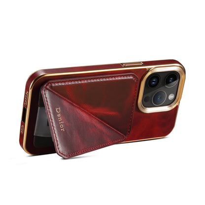 ELECTROPRIME For iPhone 15 Denior Oil Wax Leather Electroplating Card Slot Holder Phone Case(Red)