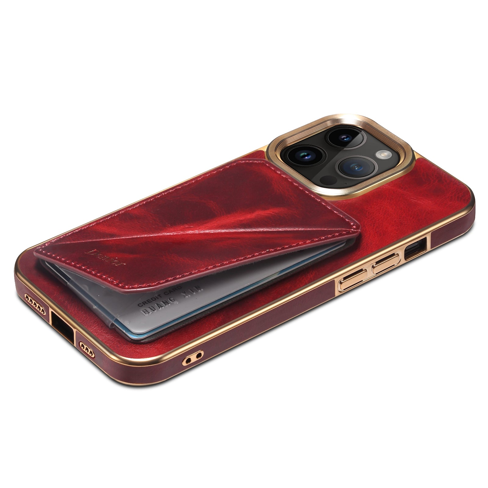 ELECTROPRIME For iPhone 15 Denior Oil Wax Leather Electroplating Card Slot Holder Phone Case(Red)