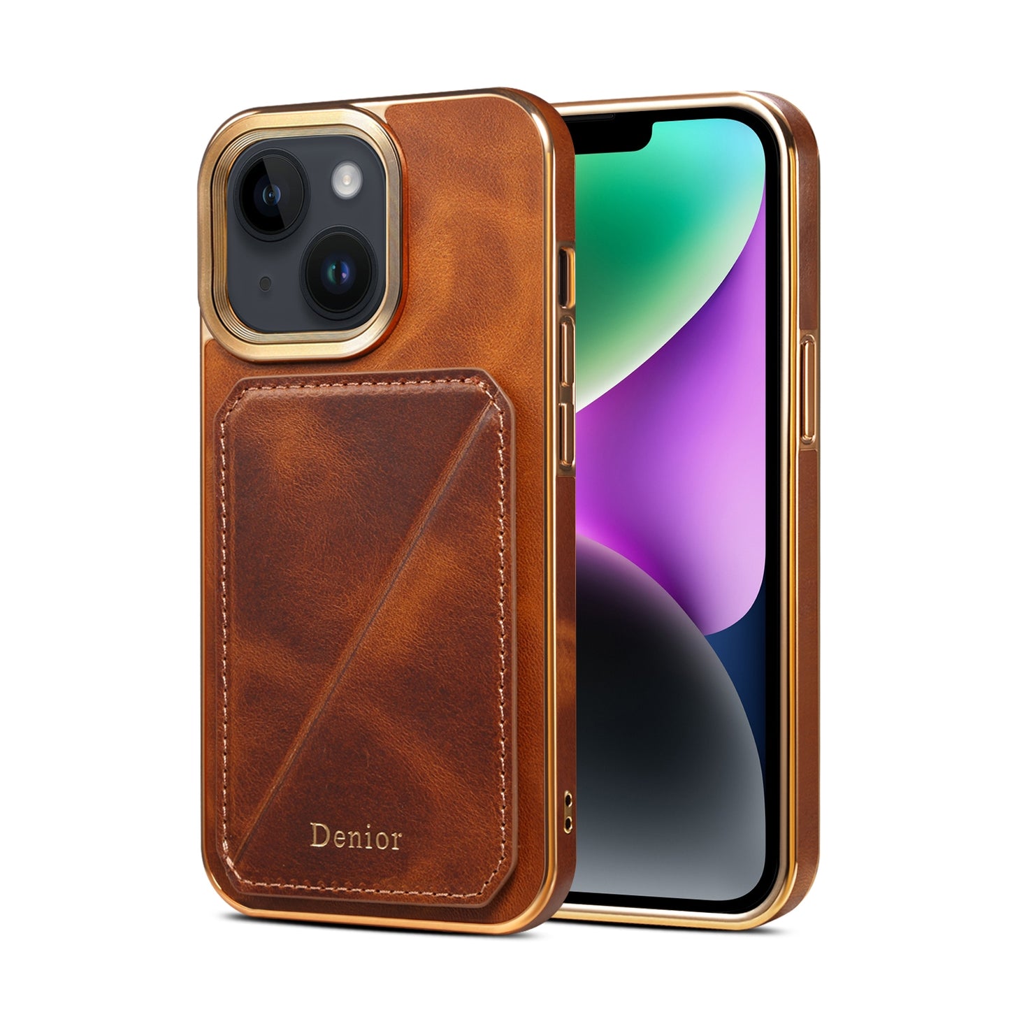 ELECTROPRIME For iPhone 15 Denior Oil Wax Leather Electroplating Card Slot Holder Phone Case(Brown)