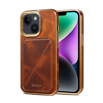 ELECTROPRIME For iPhone 15 Denior Oil Wax Leather Electroplating Card Slot Holder Phone Case(Brown)