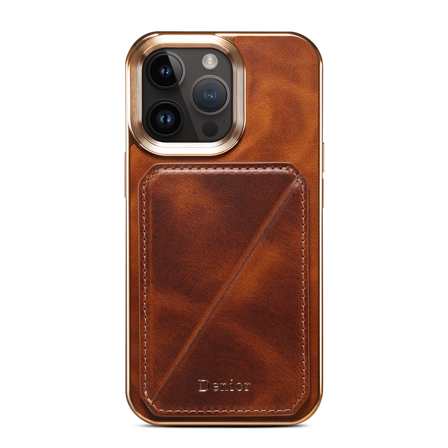 ELECTROPRIME For iPhone 15 Denior Oil Wax Leather Electroplating Card Slot Holder Phone Case(Brown)