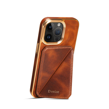 ELECTROPRIME For iPhone 15 Denior Oil Wax Leather Electroplating Card Slot Holder Phone Case(Brown)