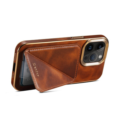 ELECTROPRIME For iPhone 15 Denior Oil Wax Leather Electroplating Card Slot Holder Phone Case(Brown)