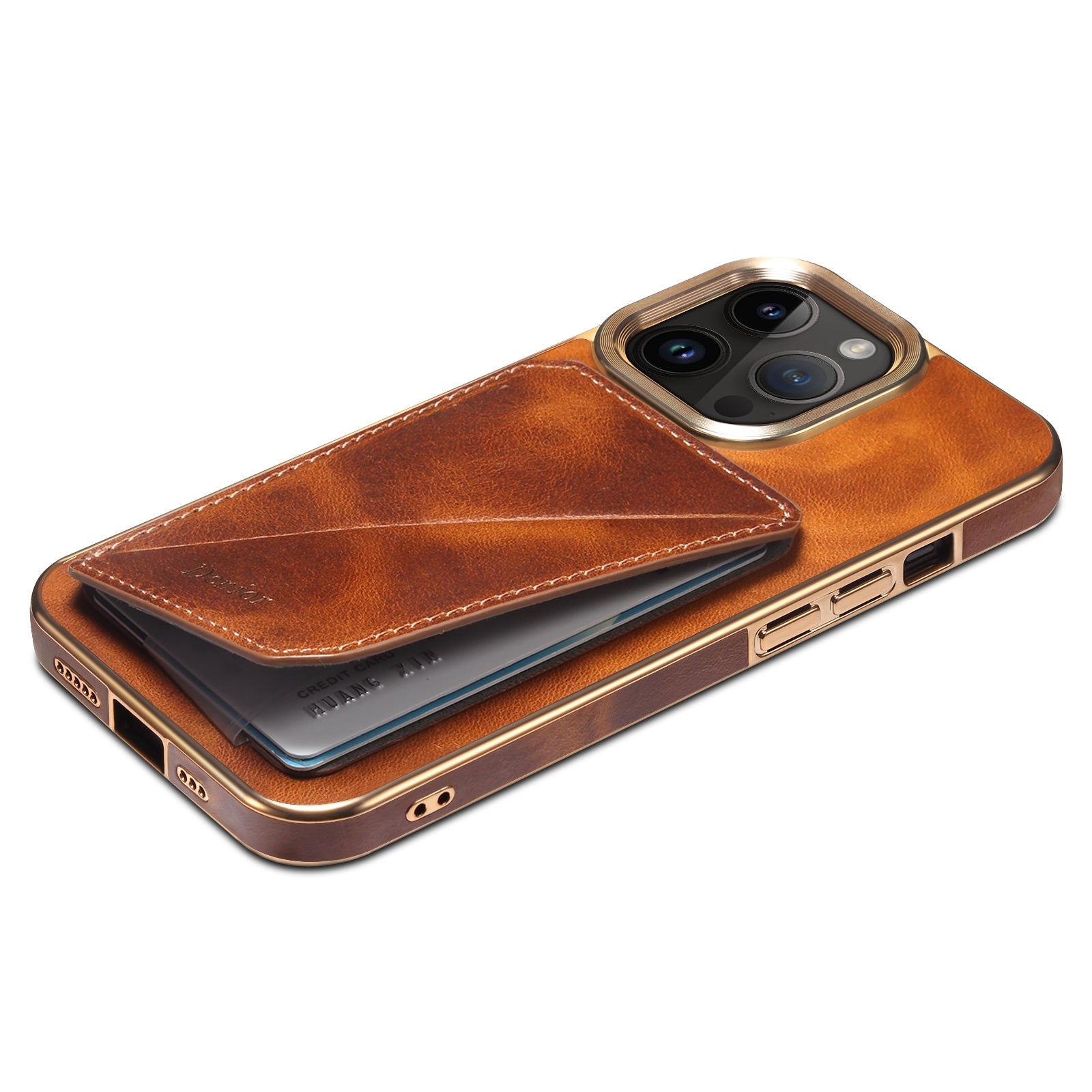 ELECTROPRIME For iPhone 15 Denior Oil Wax Leather Electroplating Card Slot Holder Phone Case(Brown)