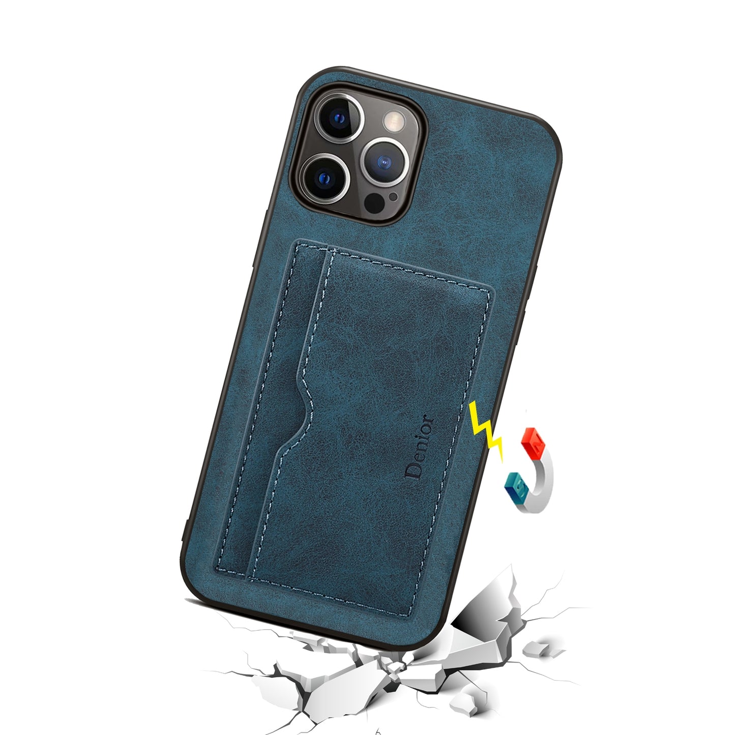 ELECTROPRIME For iPhone 15 Denior PU Single Card Slot Holder Phone Case(Blue)