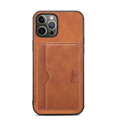 ELECTROPRIME For iPhone 15 Denior PU Single Card Slot Holder Phone Case(Brown)