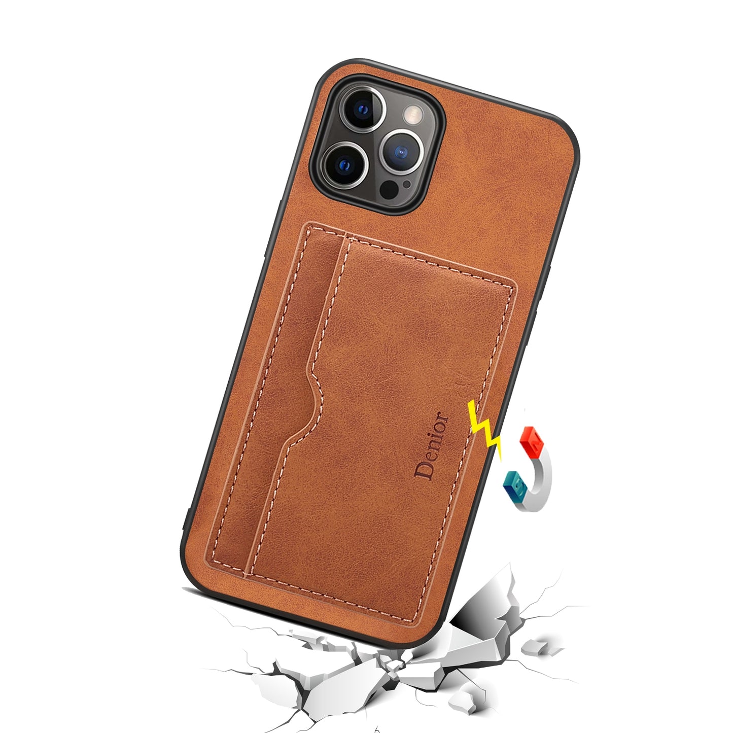 ELECTROPRIME For iPhone 15 Denior PU Single Card Slot Holder Phone Case(Brown)