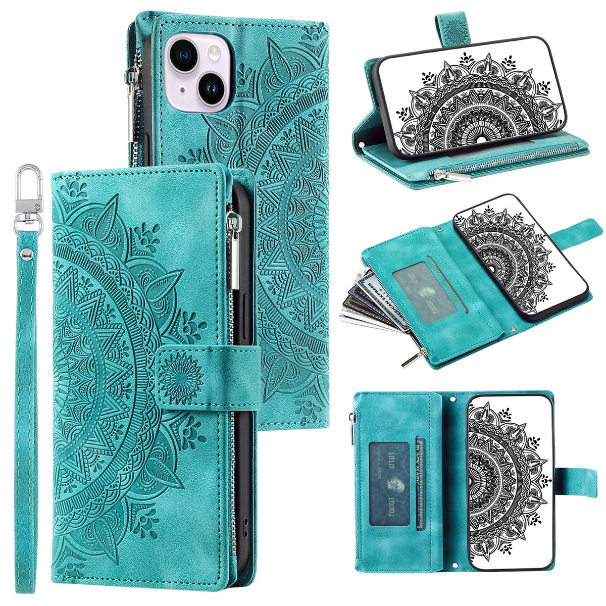 ELECTROPRIME For iPhone 15 Multi-Card Totem Zipper Leather Phone Case(Green)