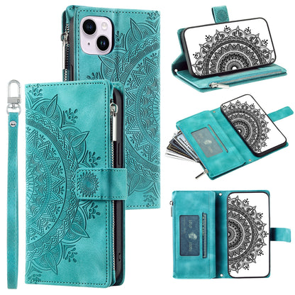 ELECTROPRIME For iPhone 15 Multi-Card Totem Zipper Leather Phone Case(Green)