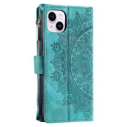 ELECTROPRIME For iPhone 15 Multi-Card Totem Zipper Leather Phone Case(Green)