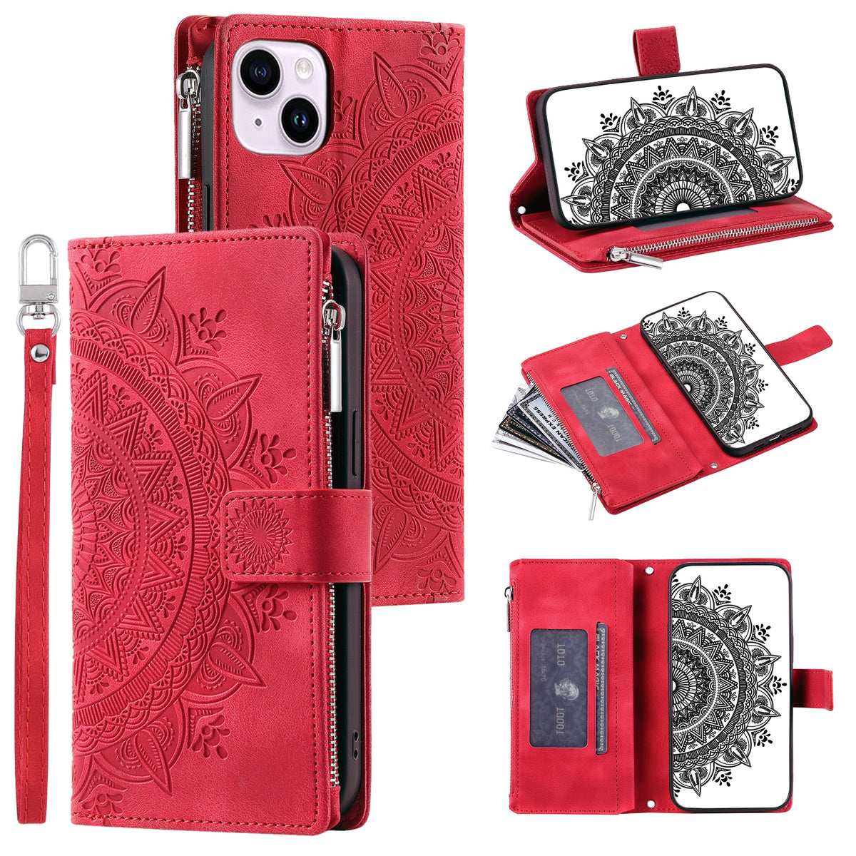 ELECTROPRIME For iPhone 15 Multi-Card Totem Zipper Leather Phone Case(Red)