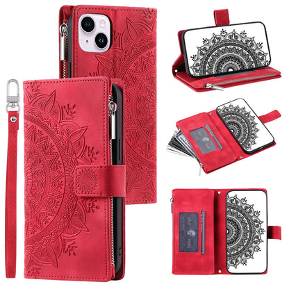 ELECTROPRIME For iPhone 15 Multi-Card Totem Zipper Leather Phone Case(Red)