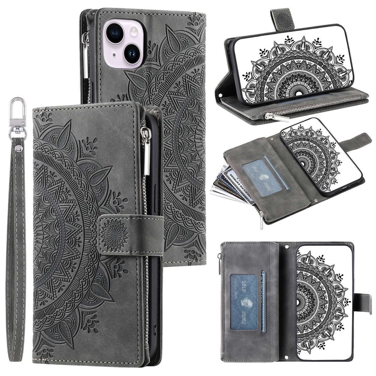 ELECTROPRIME For iPhone 15 Multi-Card Totem Zipper Leather Phone Case(Grey)