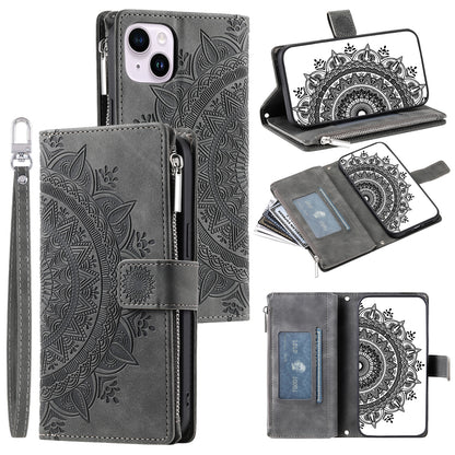 ELECTROPRIME For iPhone 15 Multi-Card Totem Zipper Leather Phone Case(Grey)