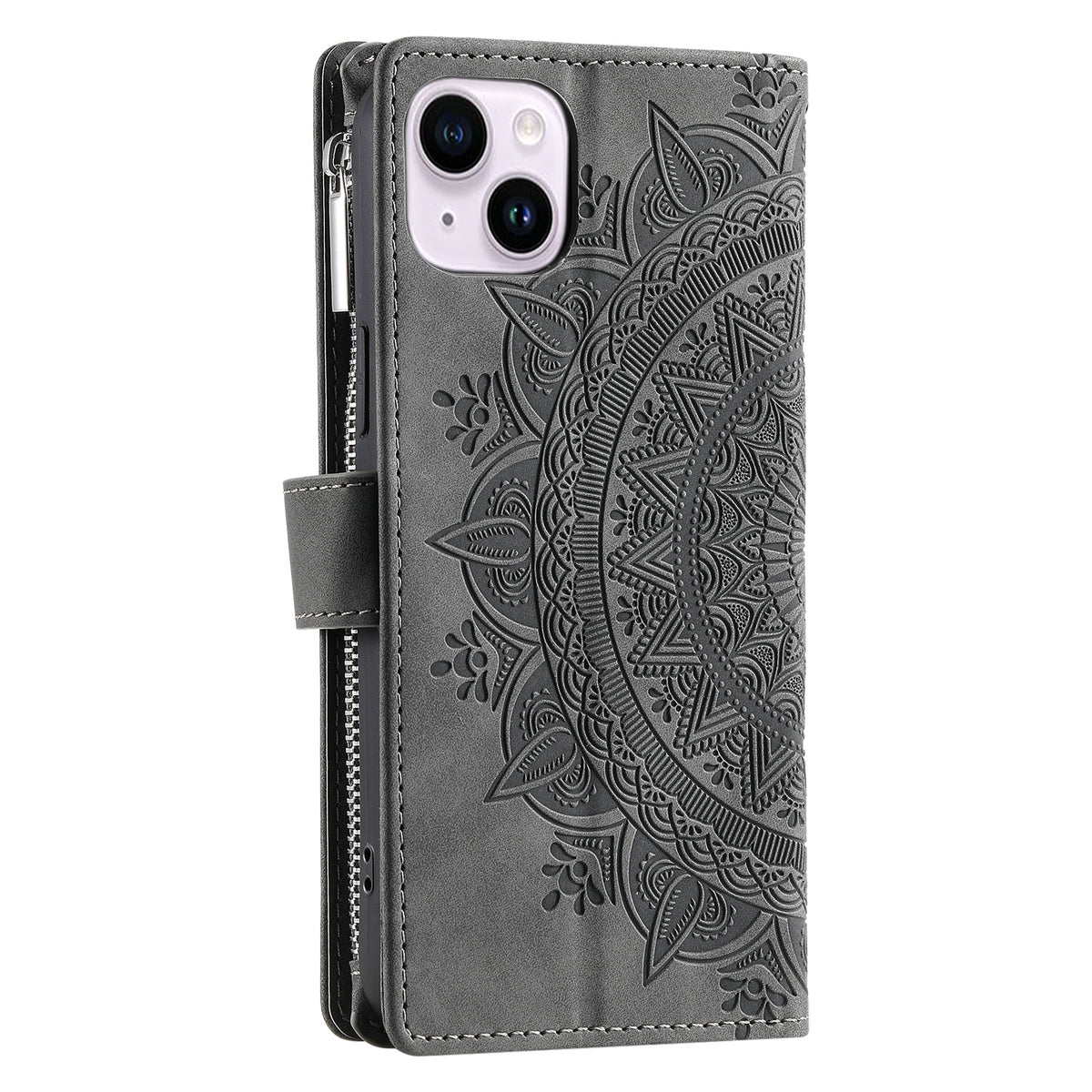 ELECTROPRIME For iPhone 15 Multi-Card Totem Zipper Leather Phone Case(Grey)