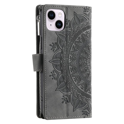ELECTROPRIME For iPhone 15 Multi-Card Totem Zipper Leather Phone Case(Grey)