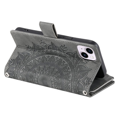 ELECTROPRIME For iPhone 15 Multi-Card Totem Zipper Leather Phone Case(Grey)
