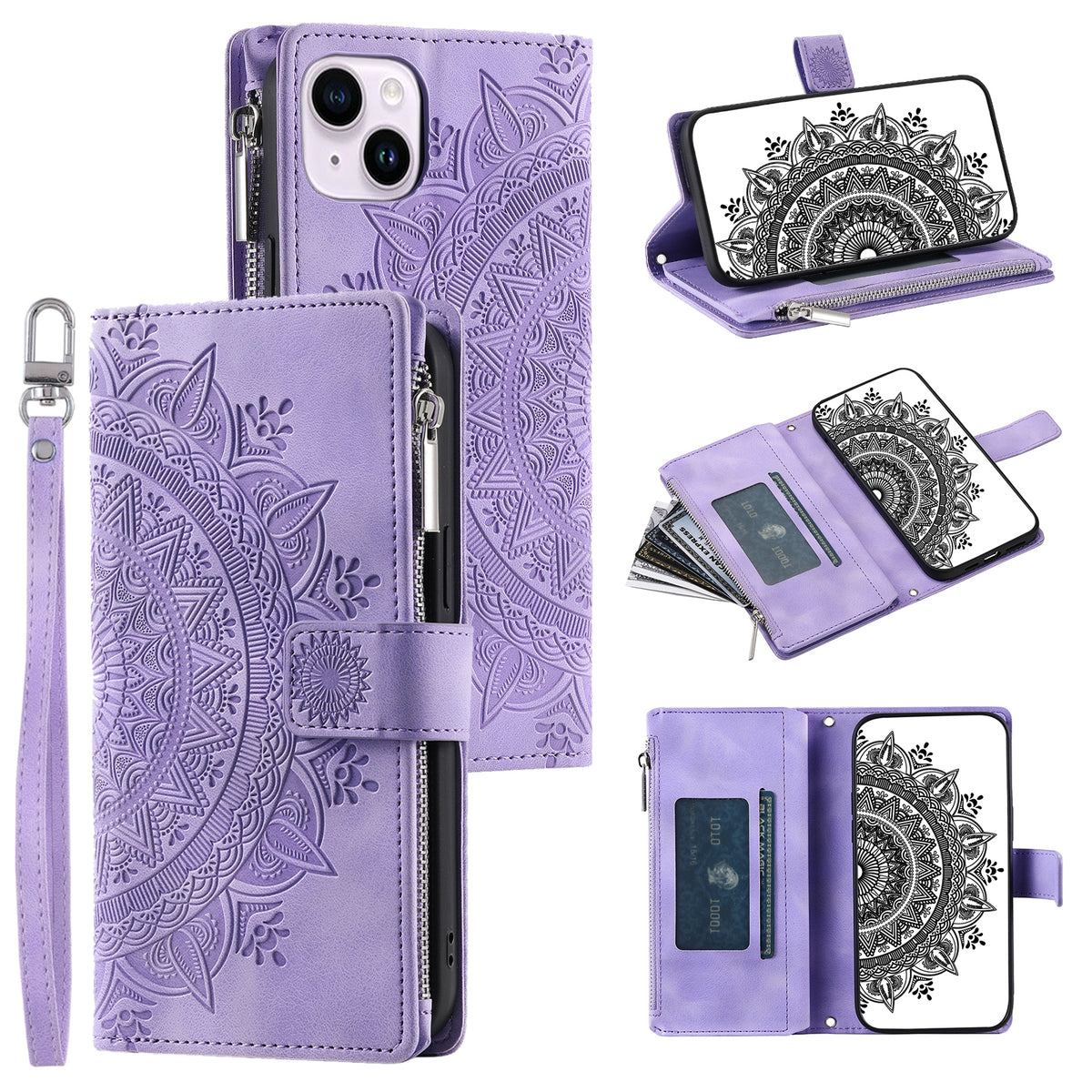 ELECTROPRIME For iPhone 15 Multi-Card Totem Zipper Leather Phone Case(Purple)
