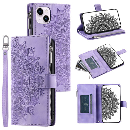 ELECTROPRIME For iPhone 15 Multi-Card Totem Zipper Leather Phone Case(Purple)