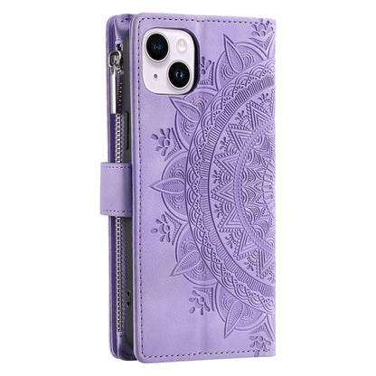 ELECTROPRIME For iPhone 15 Multi-Card Totem Zipper Leather Phone Case(Purple)