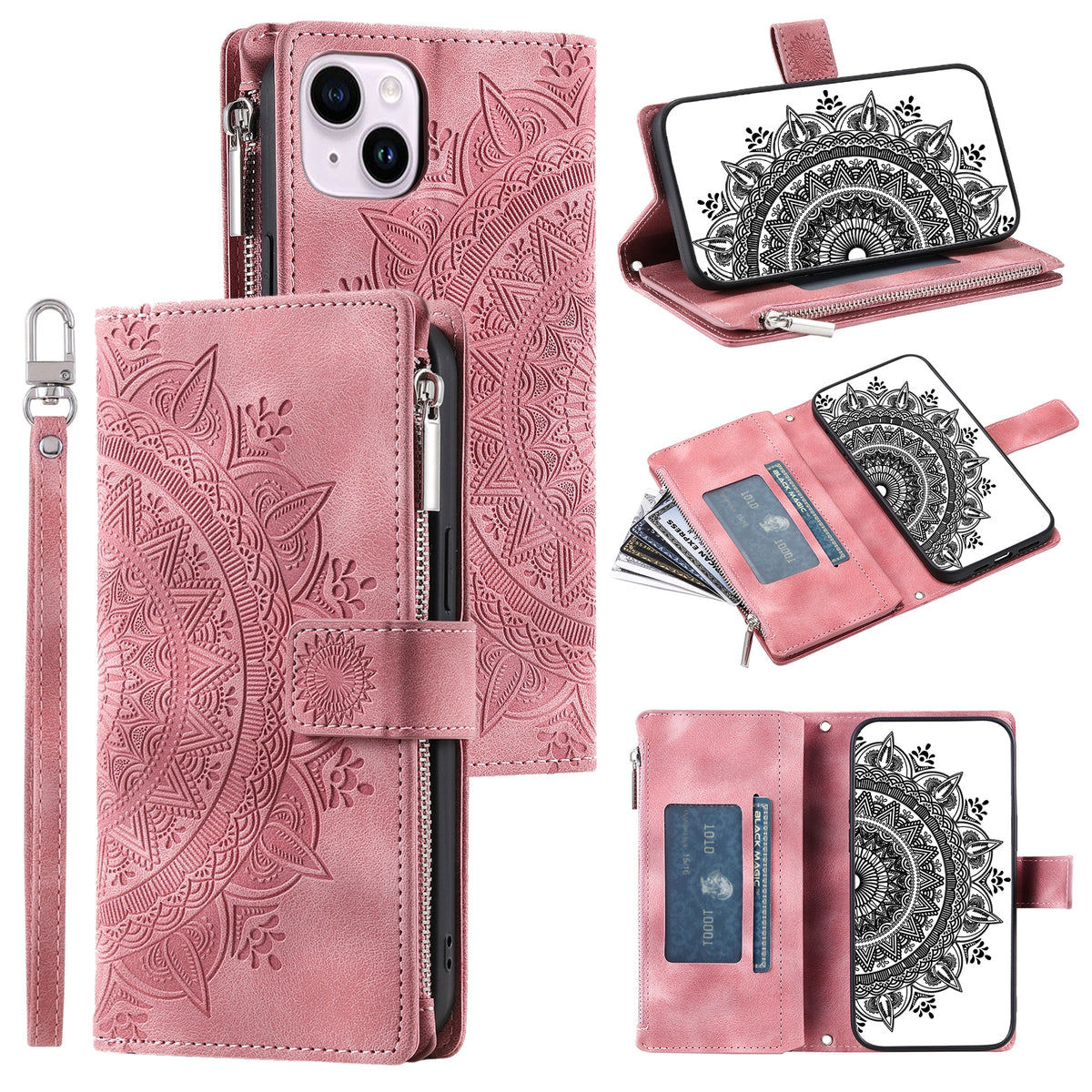 ELECTROPRIME For iPhone 15 Multi-Card Totem Zipper Leather Phone Case(Pink)