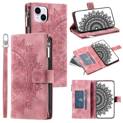 ELECTROPRIME For iPhone 15 Multi-Card Totem Zipper Leather Phone Case(Pink)