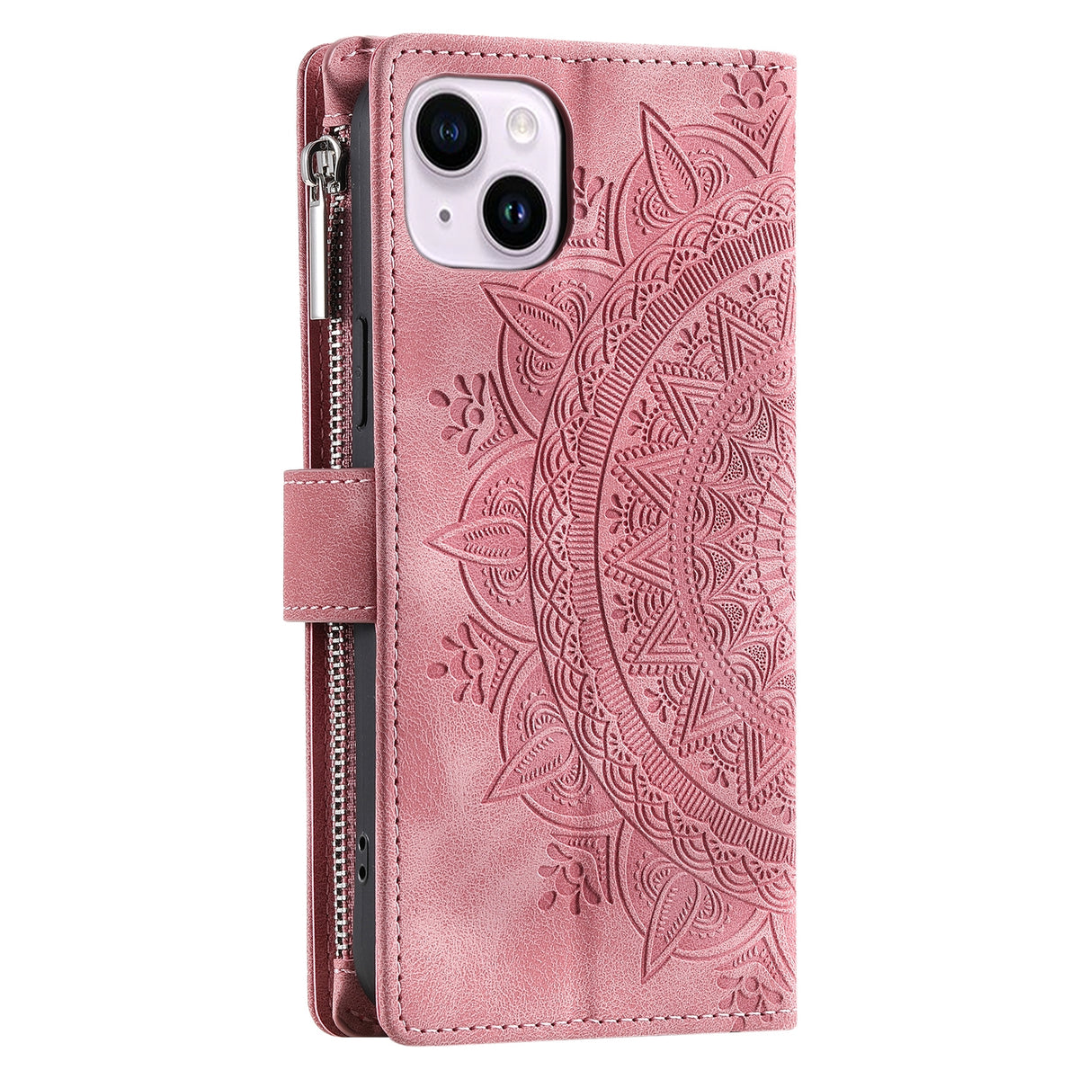 ELECTROPRIME For iPhone 15 Multi-Card Totem Zipper Leather Phone Case(Pink)
