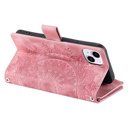 ELECTROPRIME For iPhone 15 Multi-Card Totem Zipper Leather Phone Case(Pink)