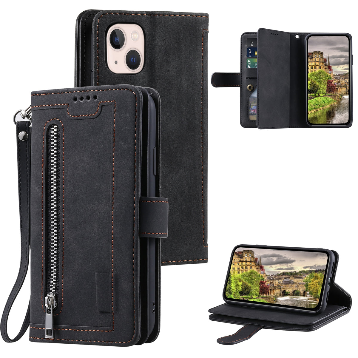 ELECTROPRIME For iPhone 15 Nine Card Zipper Bag Leather Phone Case with Lanyard(Black)
