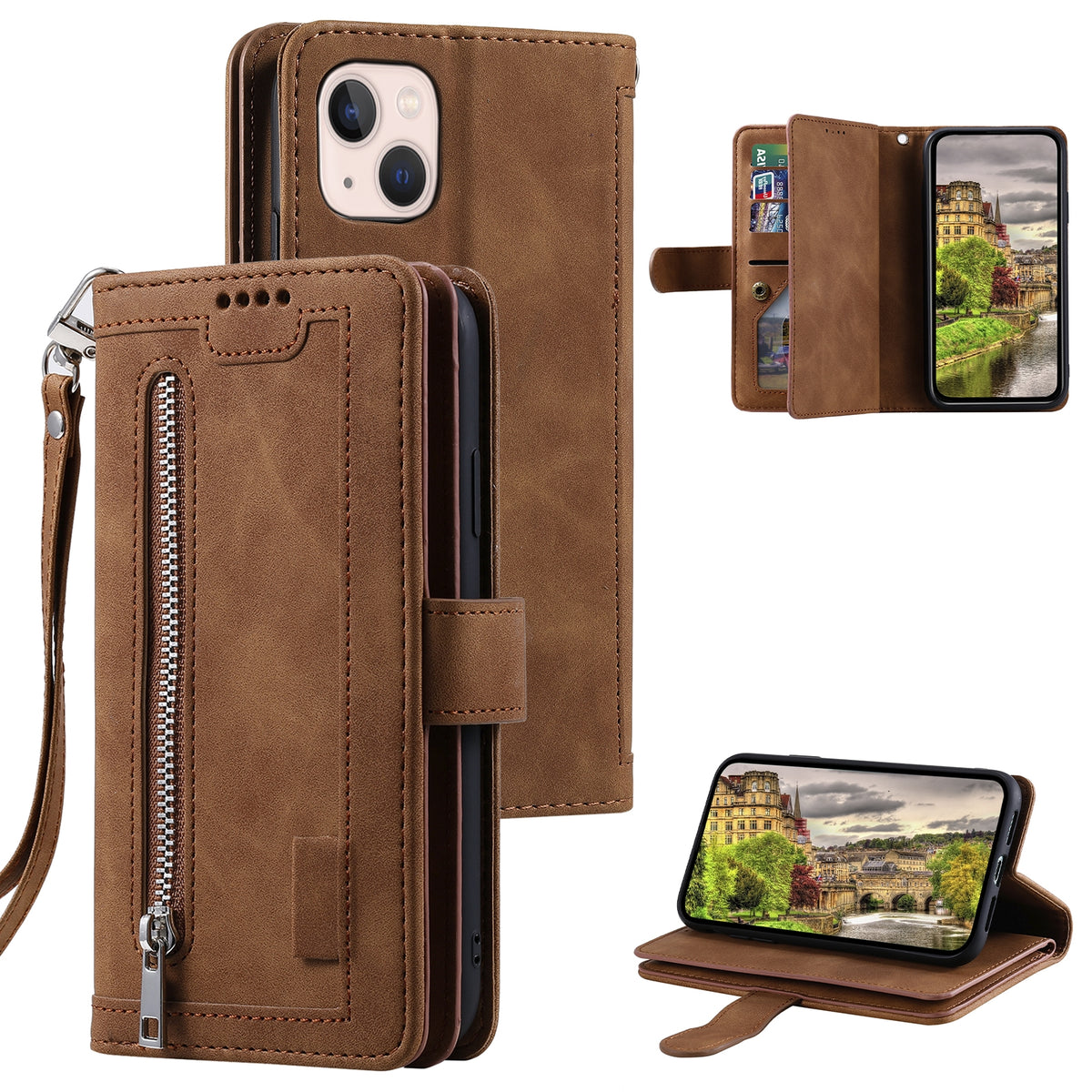 ELECTROPRIME For iPhone 15 Nine Card Zipper Bag Leather Phone Case with Lanyard(Brown)