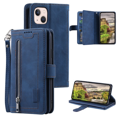 ELECTROPRIME For iPhone 15 Nine Card Zipper Bag Leather Phone Case with Lanyard(Blue)