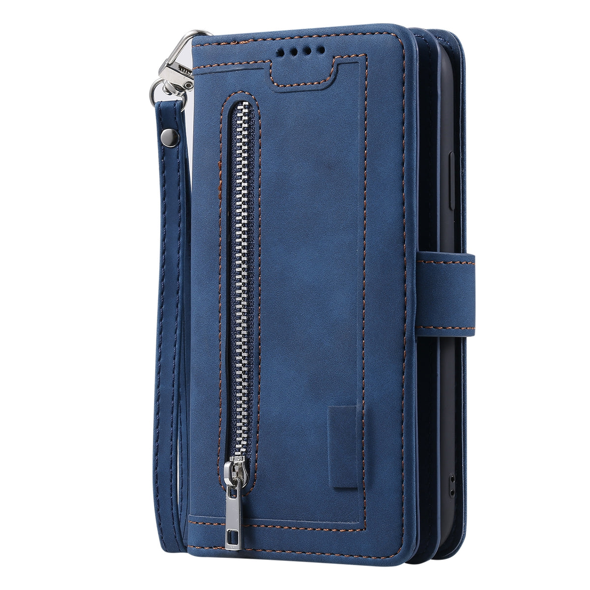 ELECTROPRIME For iPhone 15 Nine Card Zipper Bag Leather Phone Case with Lanyard(Blue)