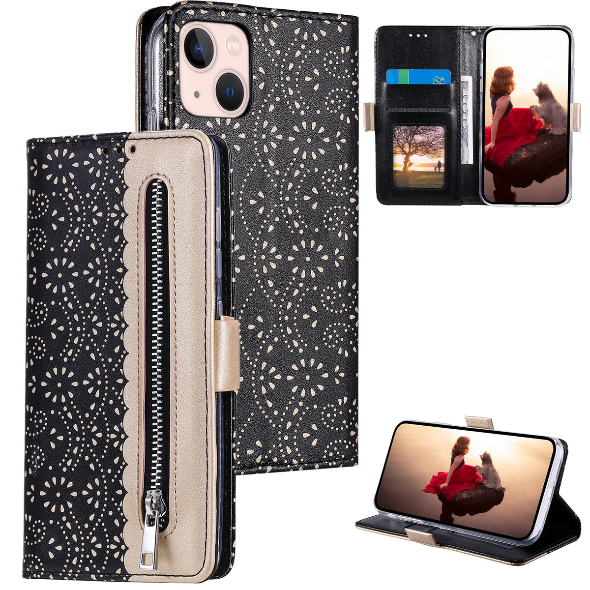ELECTROPRIME For iPhone 15 Lace Pattern Double Button Zipper Leather Phone Case with Lanyard(Black)
