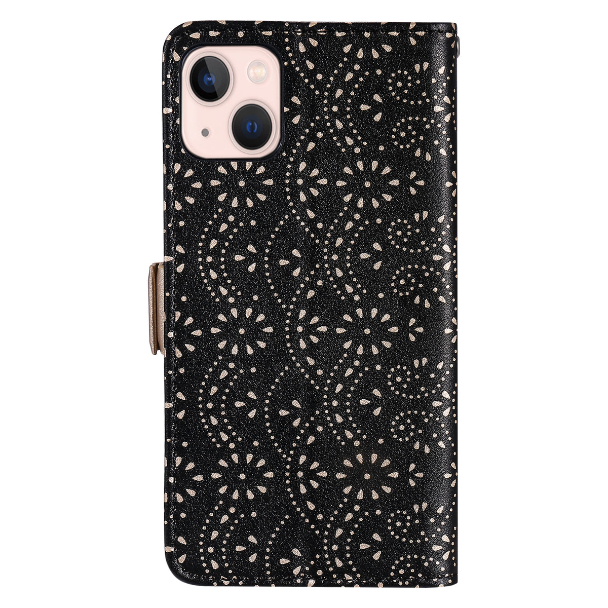 ELECTROPRIME For iPhone 15 Lace Pattern Double Button Zipper Leather Phone Case with Lanyard(Black)