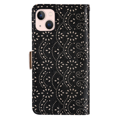 ELECTROPRIME For iPhone 15 Lace Pattern Double Button Zipper Leather Phone Case with Lanyard(Black)
