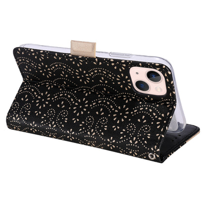 ELECTROPRIME For iPhone 15 Lace Pattern Double Button Zipper Leather Phone Case with Lanyard(Black)