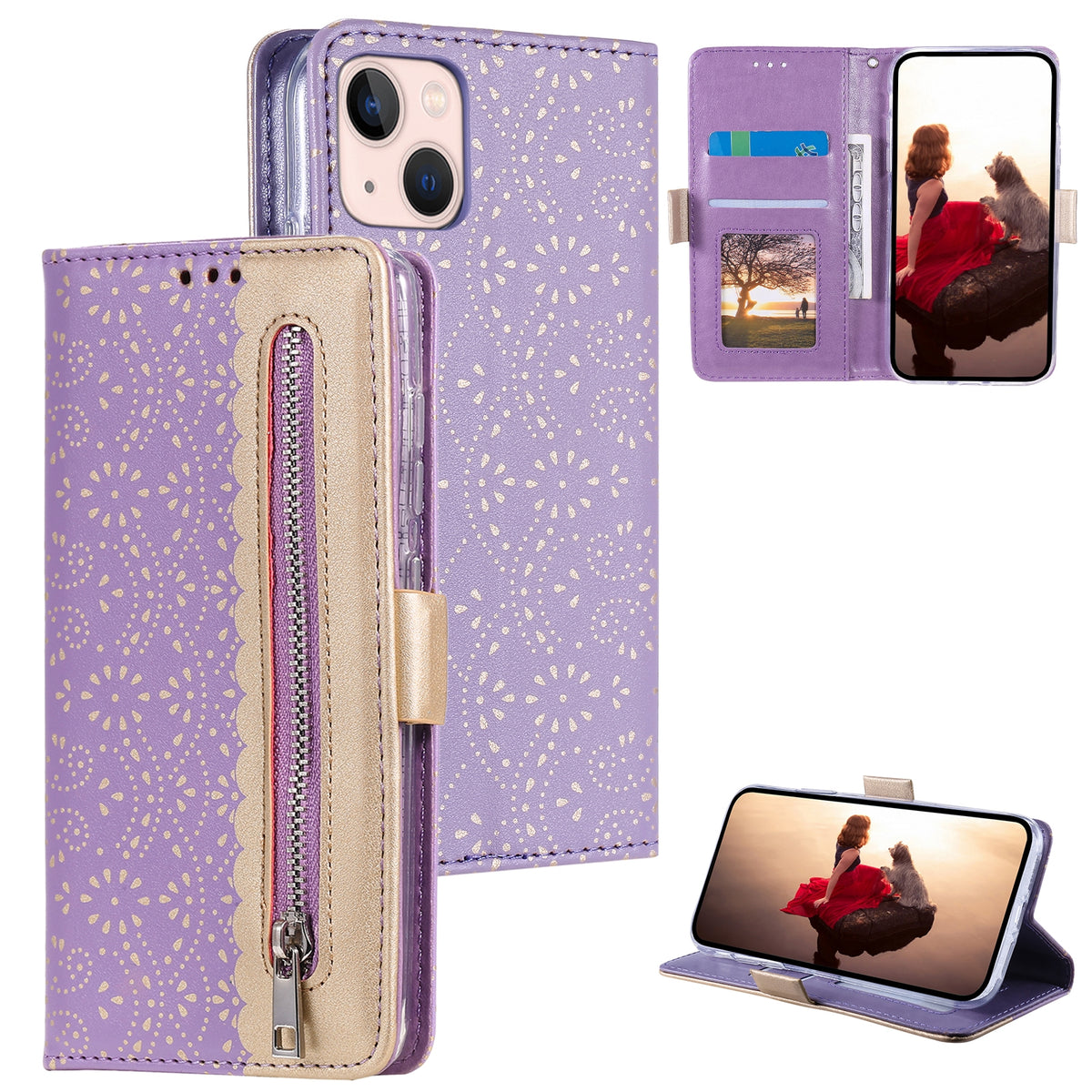 ELECTROPRIME For iPhone 15 Lace Pattern Double Button Zipper Leather Phone Case with Lanyard(Purple)