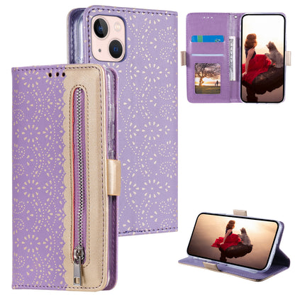 ELECTROPRIME For iPhone 15 Lace Pattern Double Button Zipper Leather Phone Case with Lanyard(Purple)