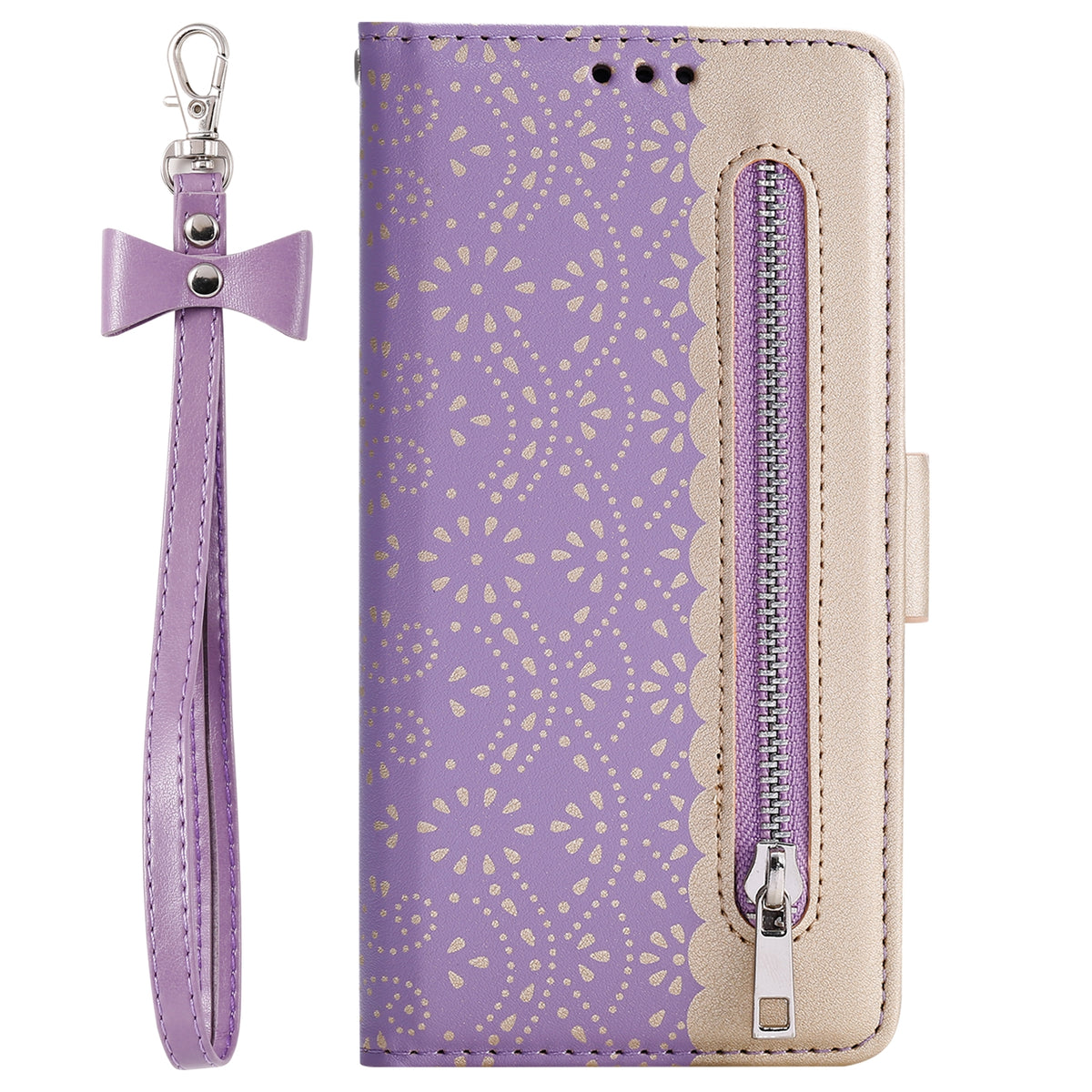 ELECTROPRIME For iPhone 15 Lace Pattern Double Button Zipper Leather Phone Case with Lanyard(Purple)