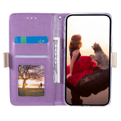 ELECTROPRIME For iPhone 15 Lace Pattern Double Button Zipper Leather Phone Case with Lanyard(Purple)