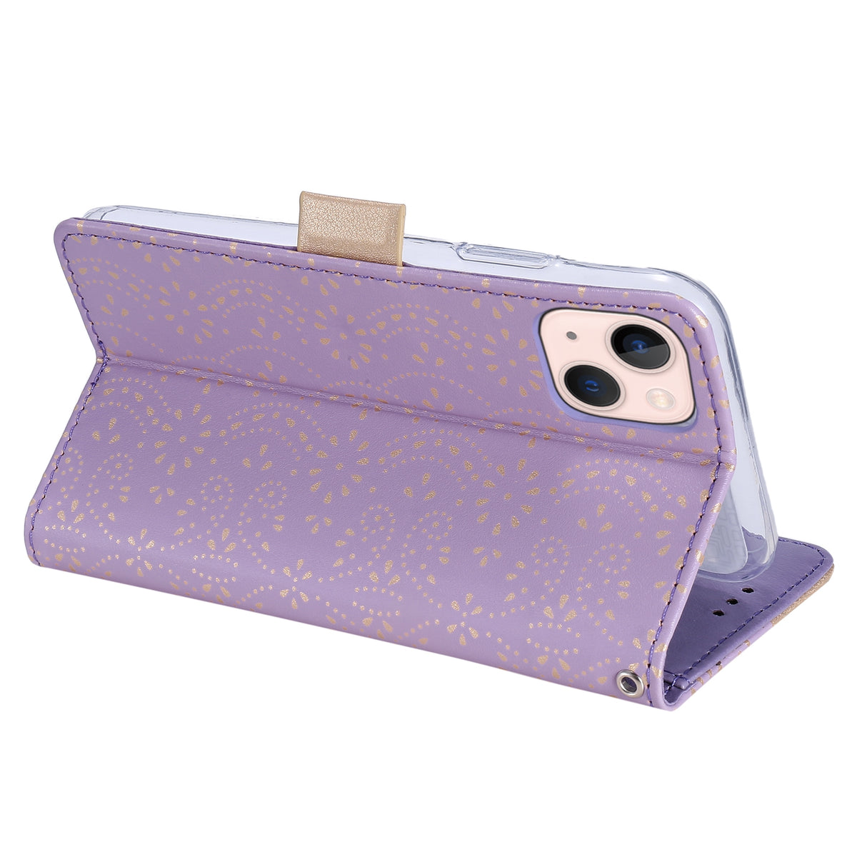 ELECTROPRIME For iPhone 15 Lace Pattern Double Button Zipper Leather Phone Case with Lanyard(Purple)