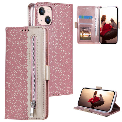 ELECTROPRIME For iPhone 15 Lace Pattern Double Button Zipper Leather Phone Case with Lanyard(Rose Gold)